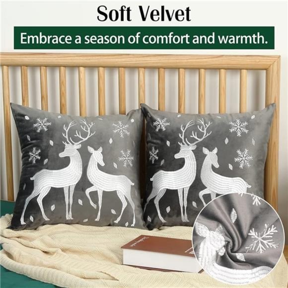 Christmas Throw Pillow Cover, 2 Pack Deer Snowflake Embroidery Decorative - Picture 3 of 8